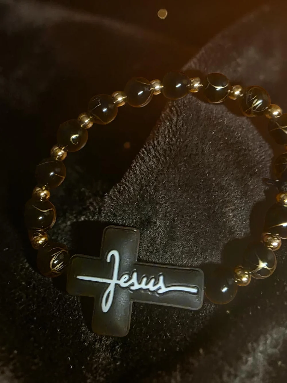 Jesus Cross Black Gold Beaded Stretch Bracelet